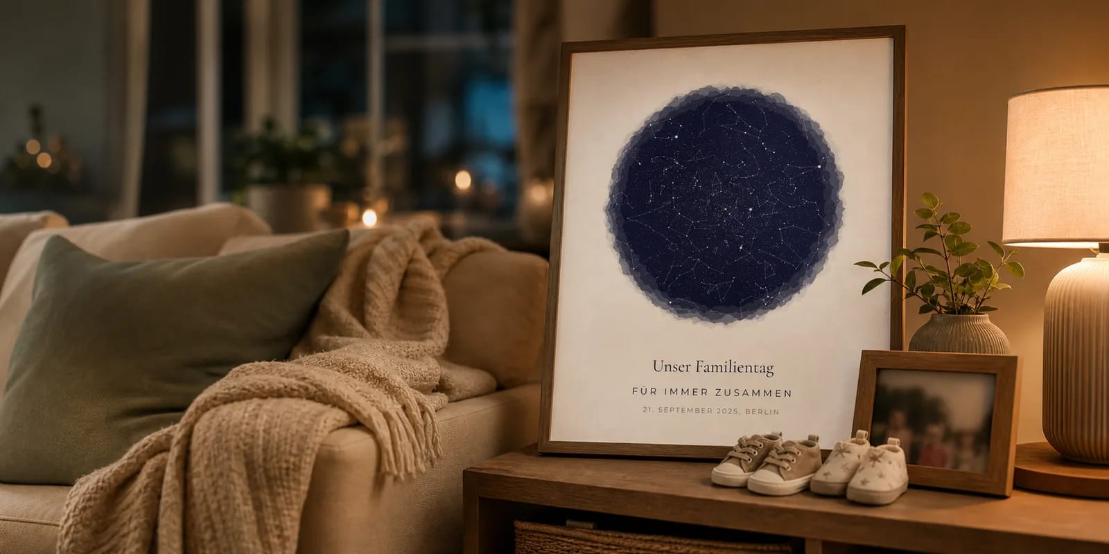 Eine gerahmte Sternenkarte an einer Familienzimmerwand über einem gemütlichen Sofa