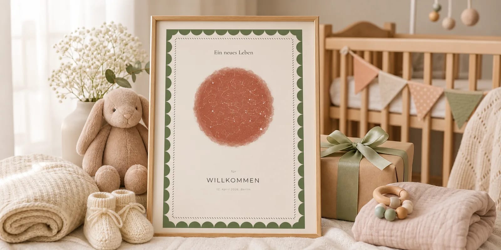 Eine pastellfarbene Sternenkarte in einem Kinderzimmer neben einem Kinderbett