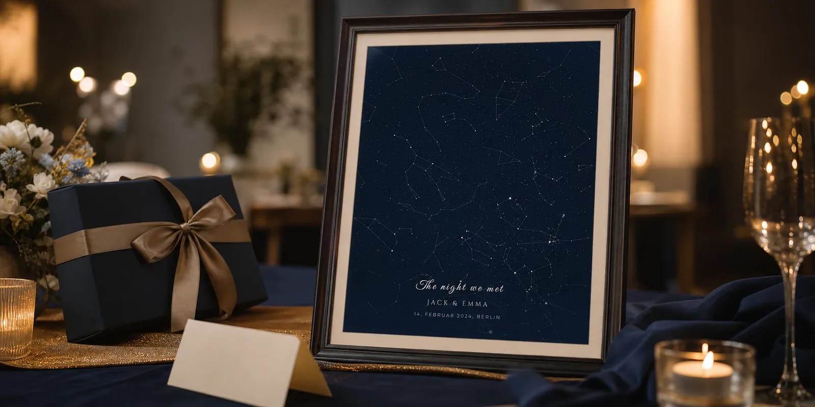 Eine elegante Sternenkarte in Marineblau- und Goldtoenen neben einem festlich gedeckten Tisch