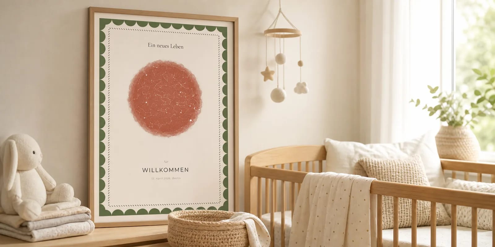 Ein Sternenkarte-Geburtsposter über einem Kinderbett im Kinderzimmer