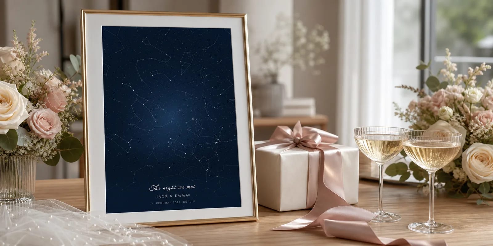 Eine personalisierte Sternenkarte als JGA-Geschenk für die Braut
