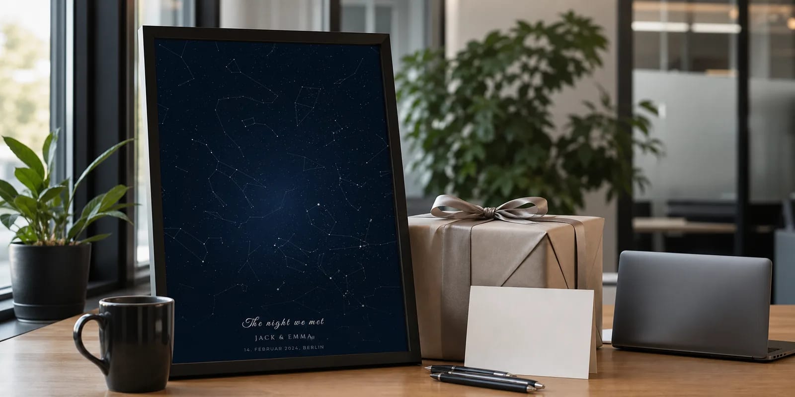Eine gerahmte Sternenkarte als Abschiedsgeschenk fuer einen Kollegen