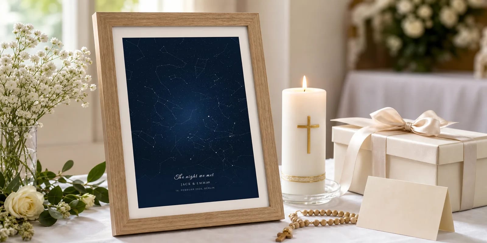 Eine personalisierte Sternenkarte neben einer Kerze und einem Rosenkranz auf weissem Tischtuch
