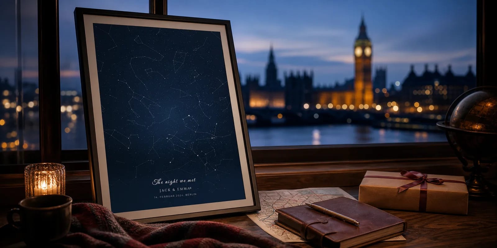 Eine personalisierte Sternenkarte von London mit Big Ben im Hintergrund