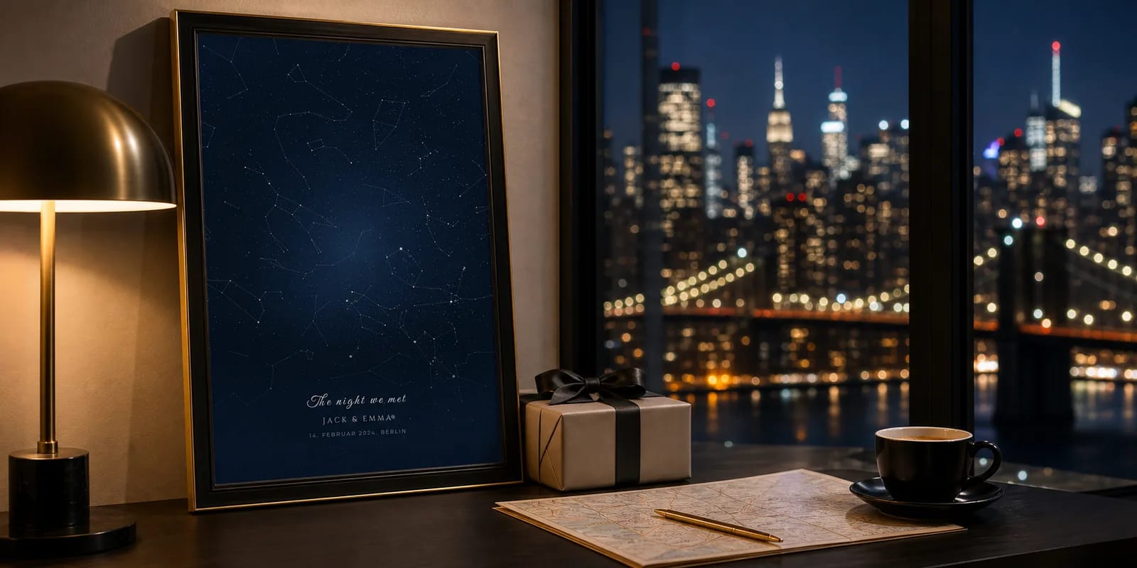 Eine personalisierte Sternenkarte von New York City mit der Manhattan-Skyline