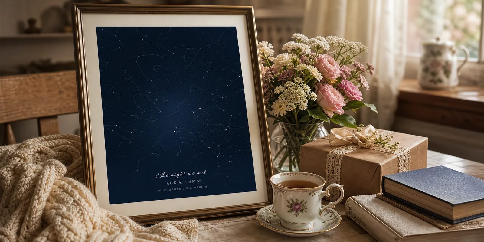 Eine personalisierte Sternenkarte auf einem Tisch neben einem Blumenstrauss und einer Tasse Tee
