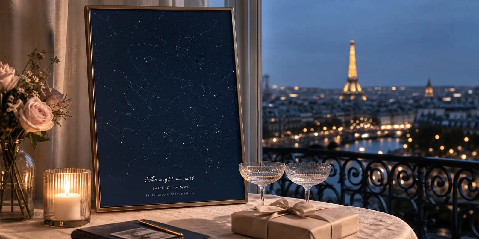 Eine personalisierte Sternenkarte von Paris mit dem Eiffelturm im Hintergrund