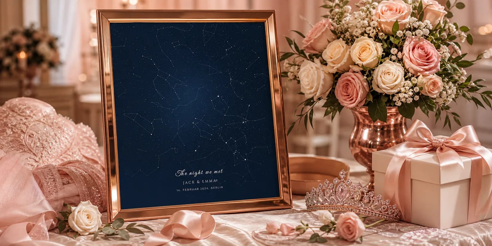 Eine personalisierte Sternenkarte in einem rosegoldenen Rahmen neben Quinceañera-Dekorationen