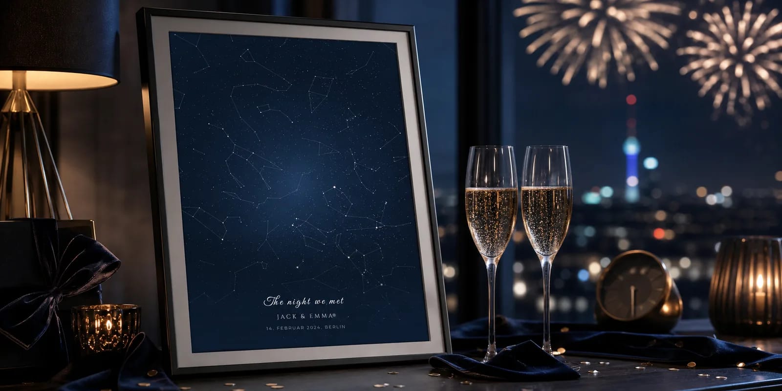 Eine personalisierte Sternenkarte des Mitternachtshimmels an Silvester