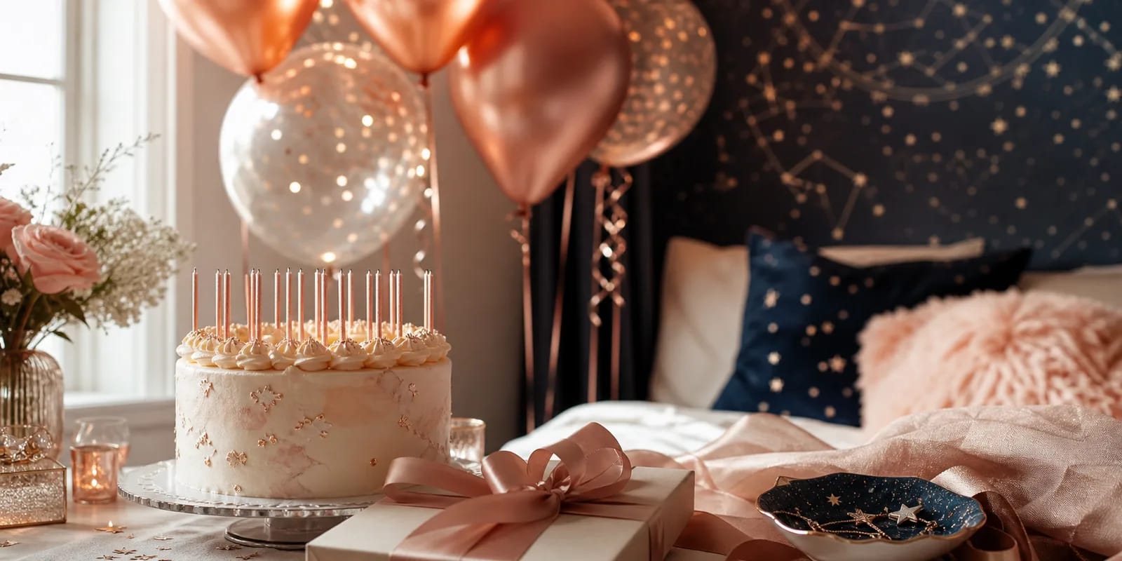 Eine personalisierte Sternenkarte in einem Rosegold-Rahmen im Zimmer einer Teenagerin