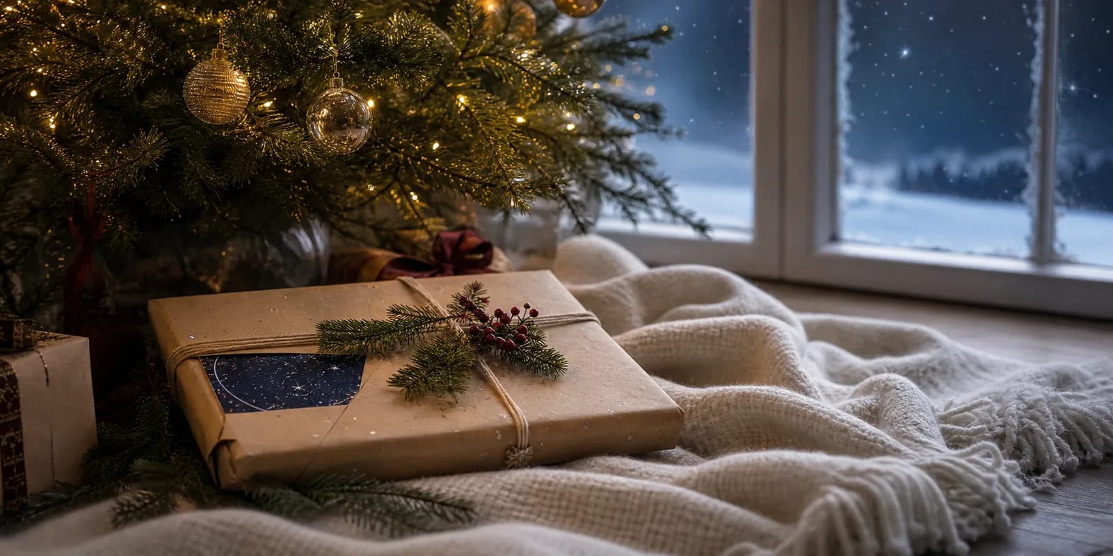 Eine verpackte Sternenkarte unter einem Weihnachtsbaum