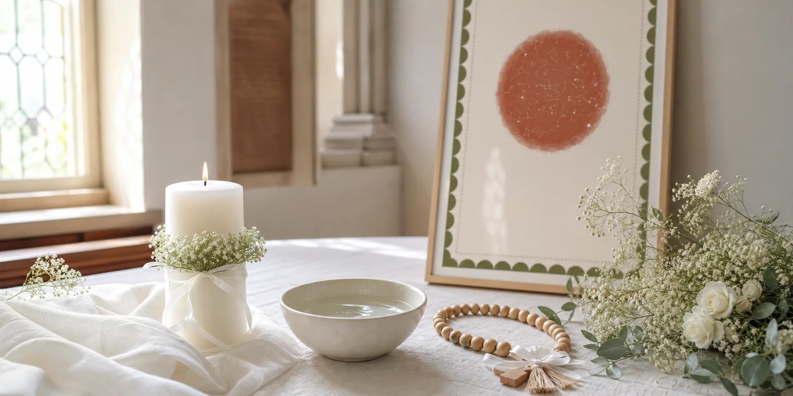 Eine zarte Sternenkarte neben einer Taufkerze und weissen Blumen