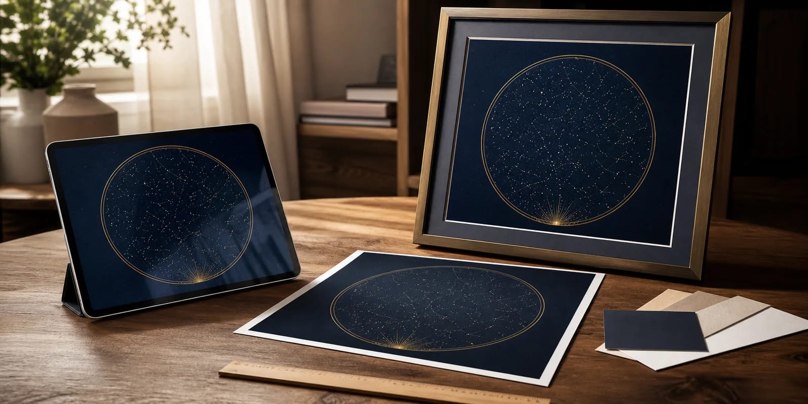 Digital, unframed and framed star map formats displayed together on a wooden table