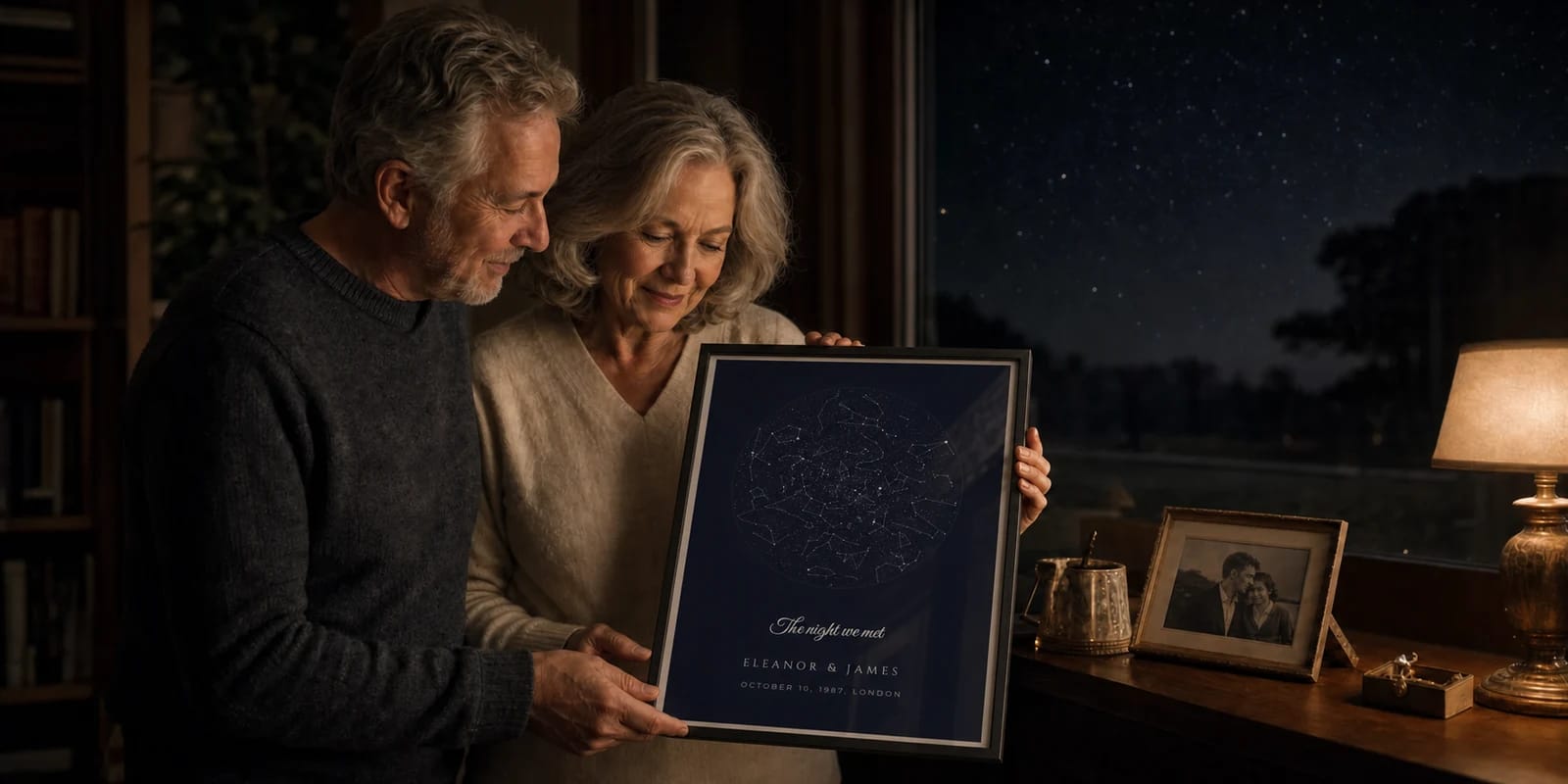 A couple treasures the star map of the night they first met