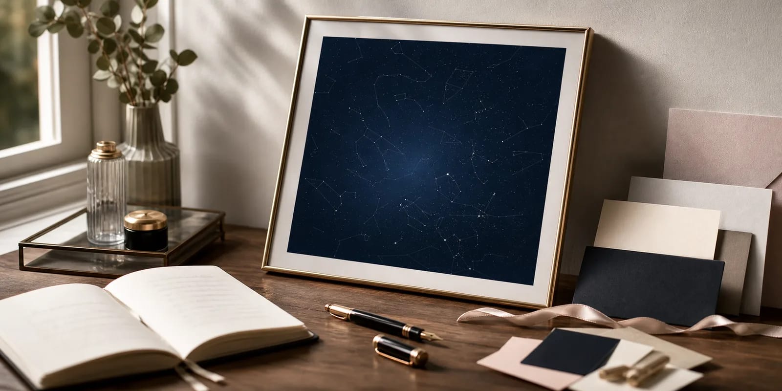 A framed star map beside an open notebook and fountain pen for drafting a personal message