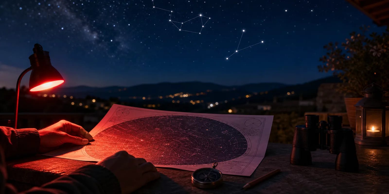 Persona observando un mapa estelar impreso bajo el cielo nocturno