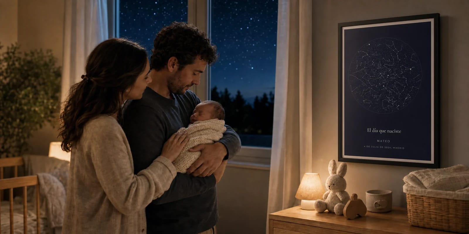 Una familia con su recién nacido junto al mapa estelar de su nacimiento