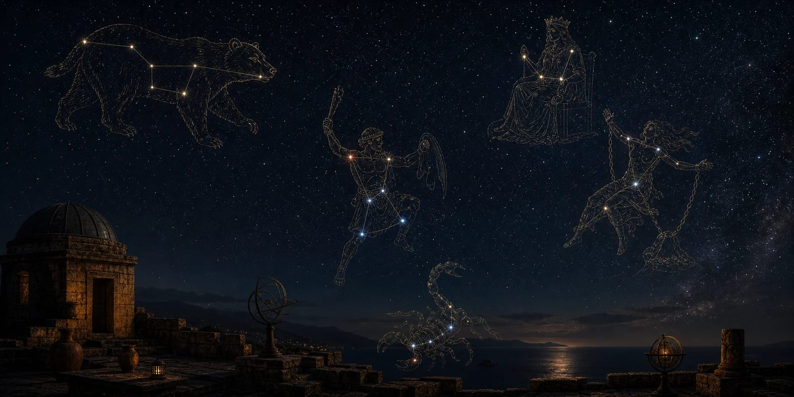 Figuras mitológicas de Orión, Casiopea y la Osa Mayor trazadas entre las estrellas