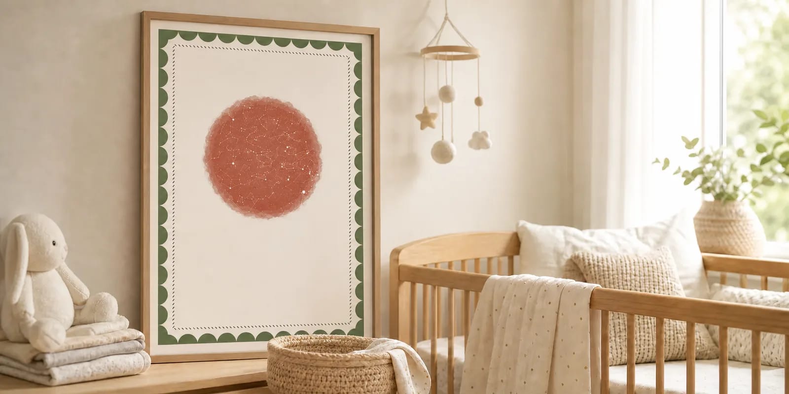 Un poster naissance carte du ciel encadré à côté d'un berceau dans une chambre lumineuse