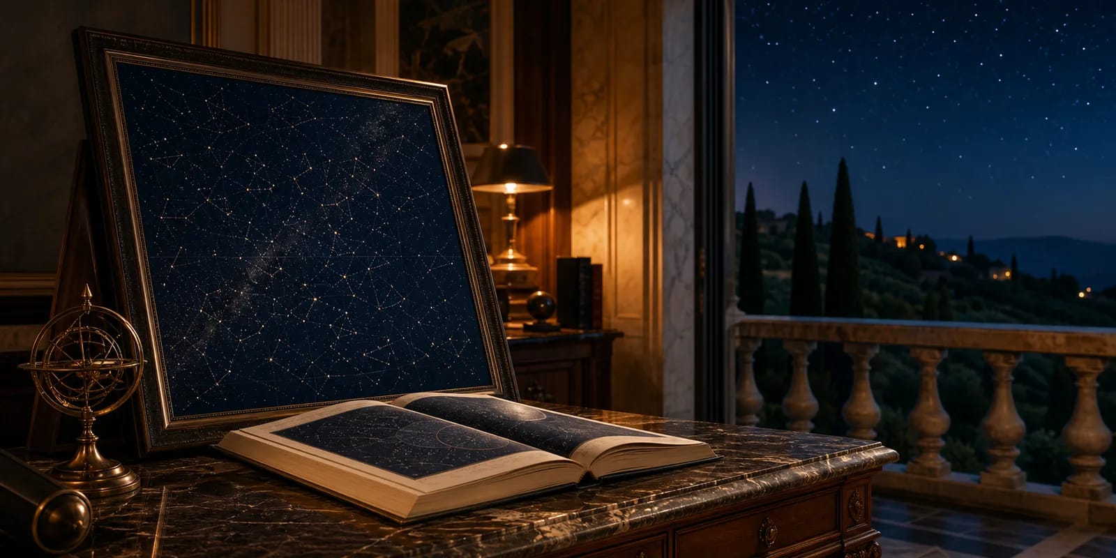 Il cielo notturno con le linee delle costellazioni