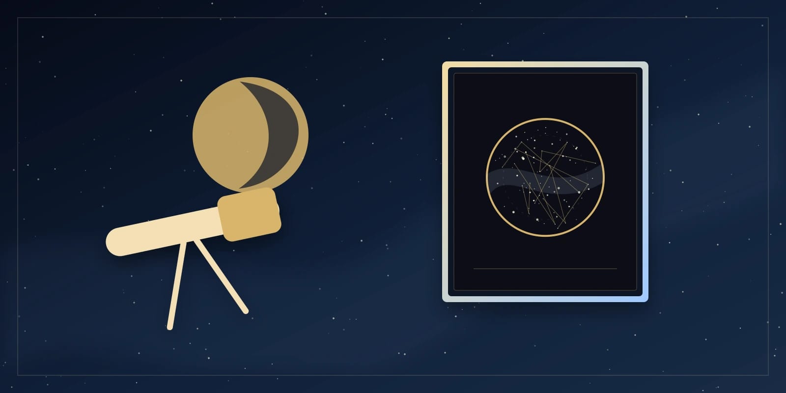 Un mapa estelar elegante en tonos azul marino y dorado junto a una mesa ceremonial