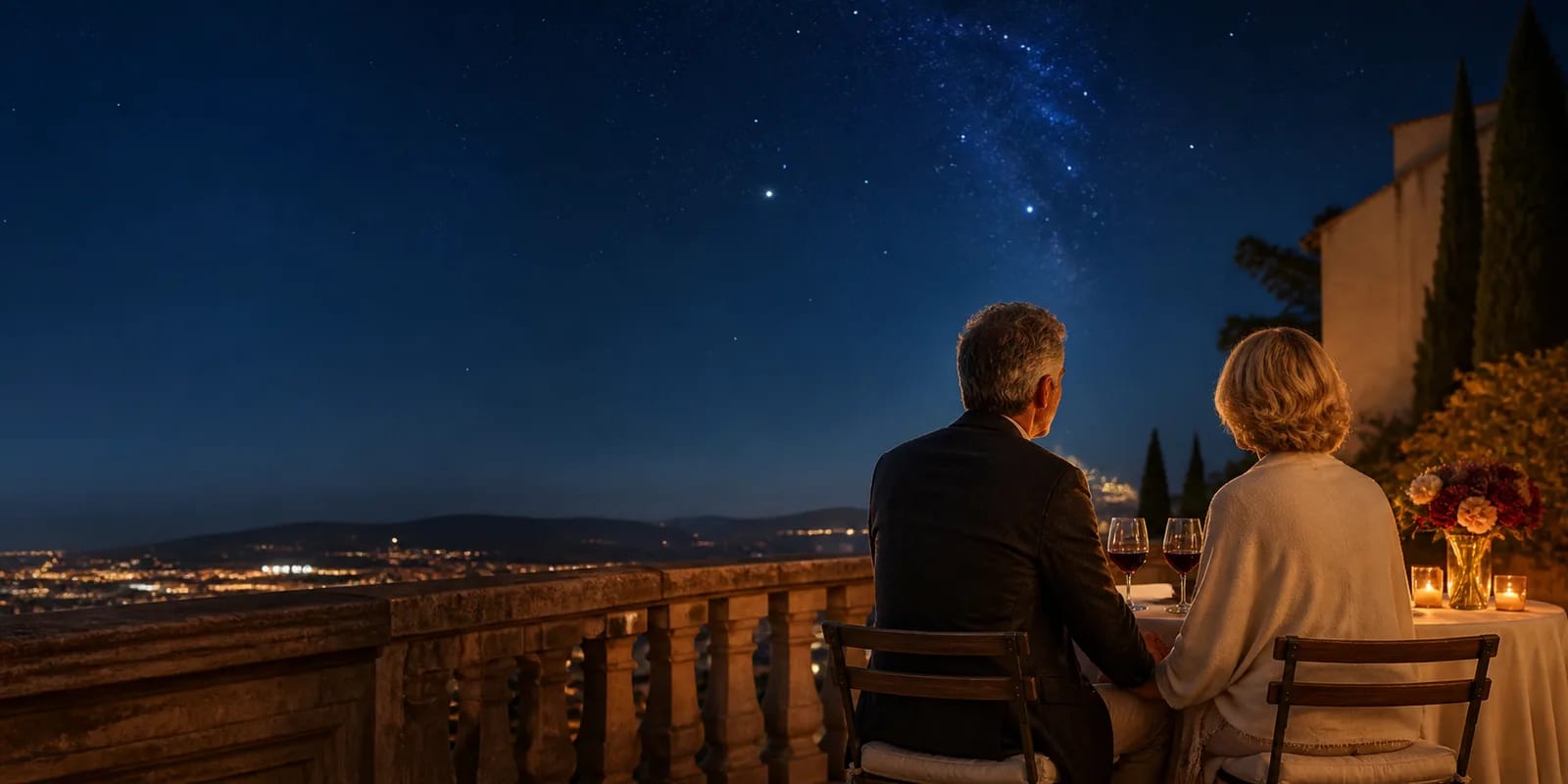 A couple holding hands at an anniversary dinner on a terrace beneath a star-filled night sky