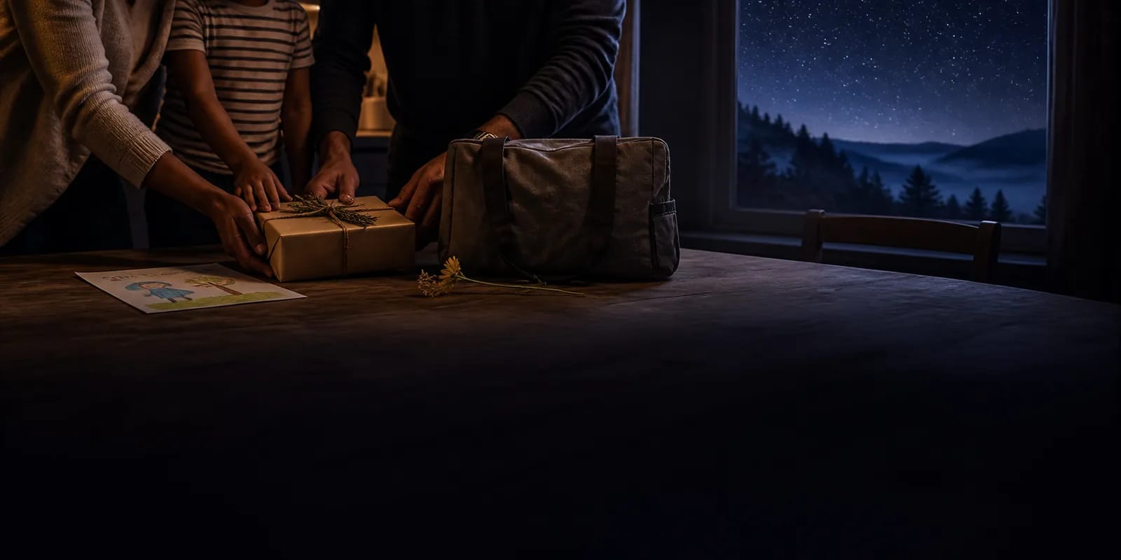 Loved ones preparing a thoughtful gift beside a travel bag under a starry night