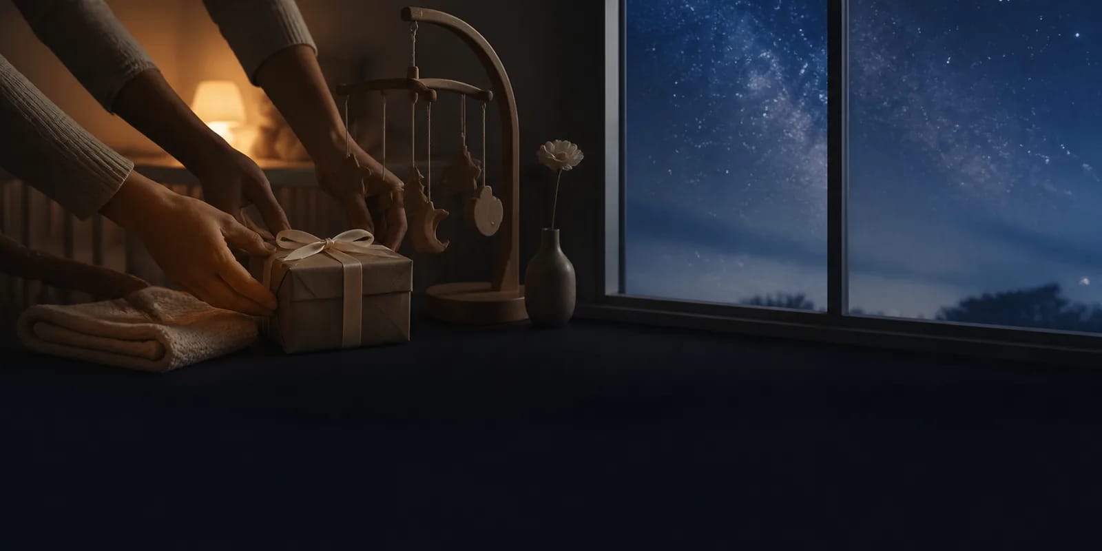 Hands placing a small gift beside a nursery mobile under a starry sky