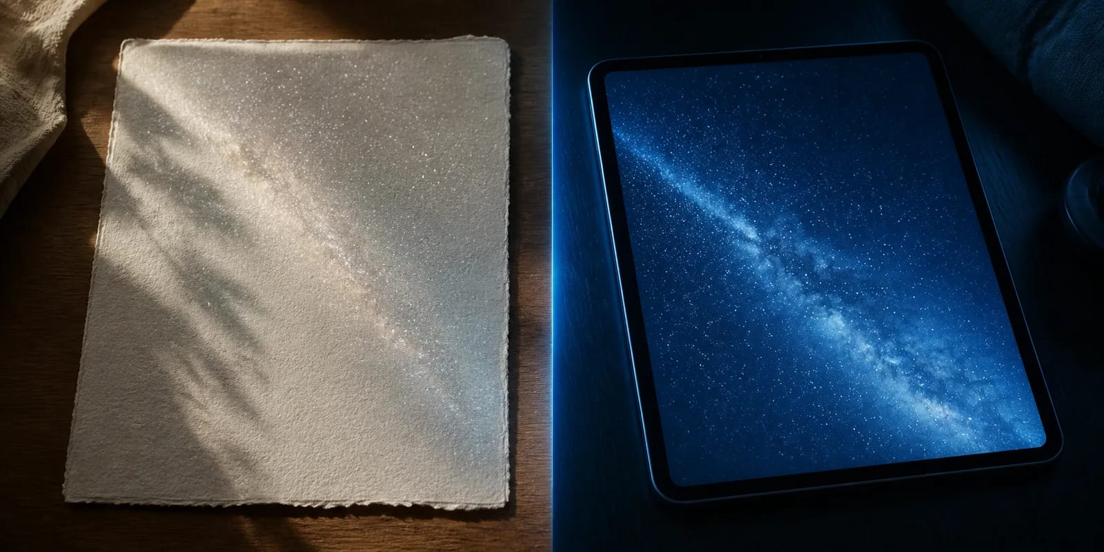 タブレット画面のデジタルスターマップとフレームに入った印刷スターマップが並んでいる