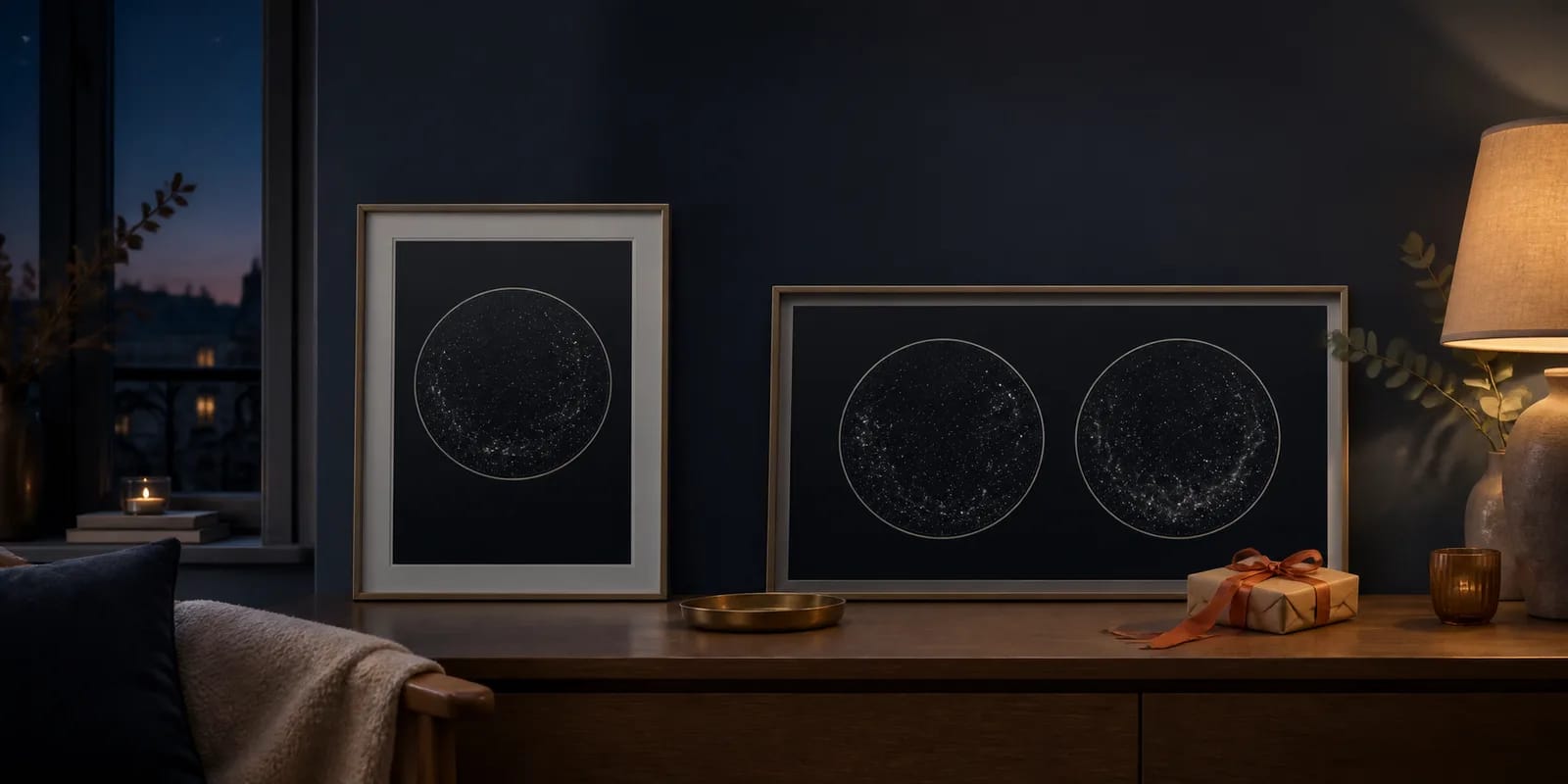 二人の誕生時の星空を一枚のポスターに並べて収めたデュオの星空図ポスター