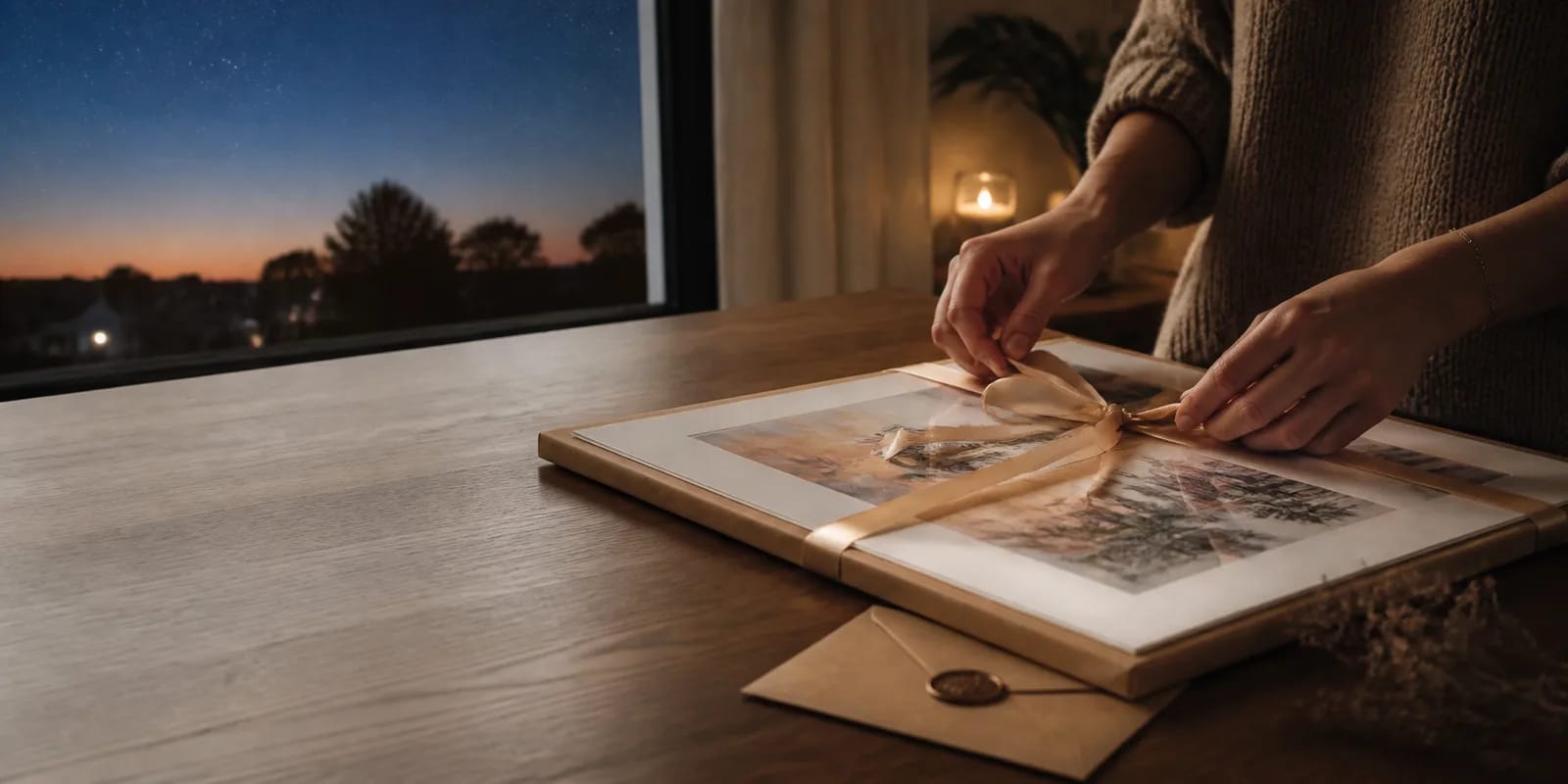 Un regalo preparado como sorpresa junto a una ventana estrellada
