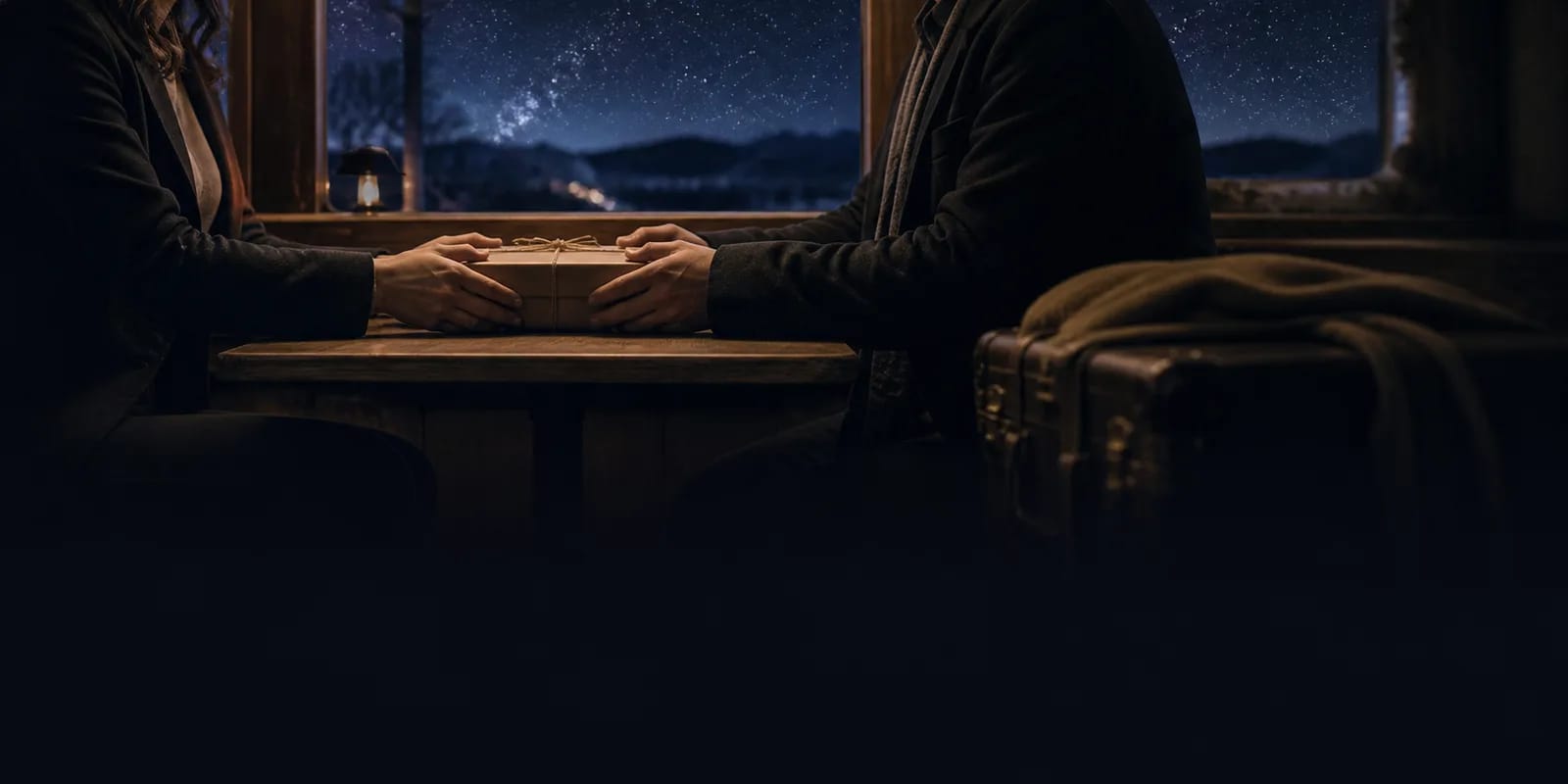 Two people sharing an unbranded keepsake at a night cafe beneath a starry sky