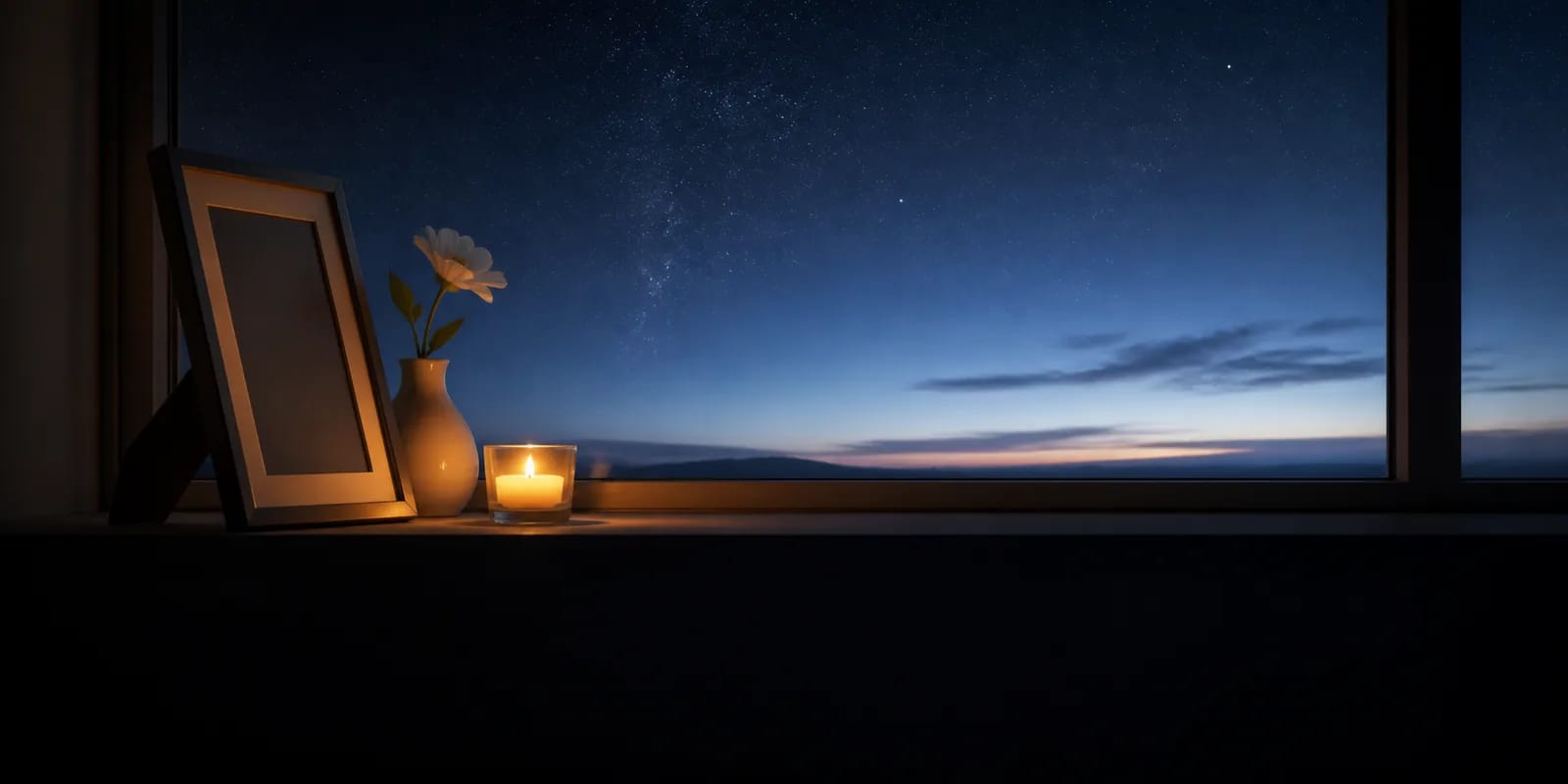 A candle and white flower beside an empty frame beneath a calm starry dawn