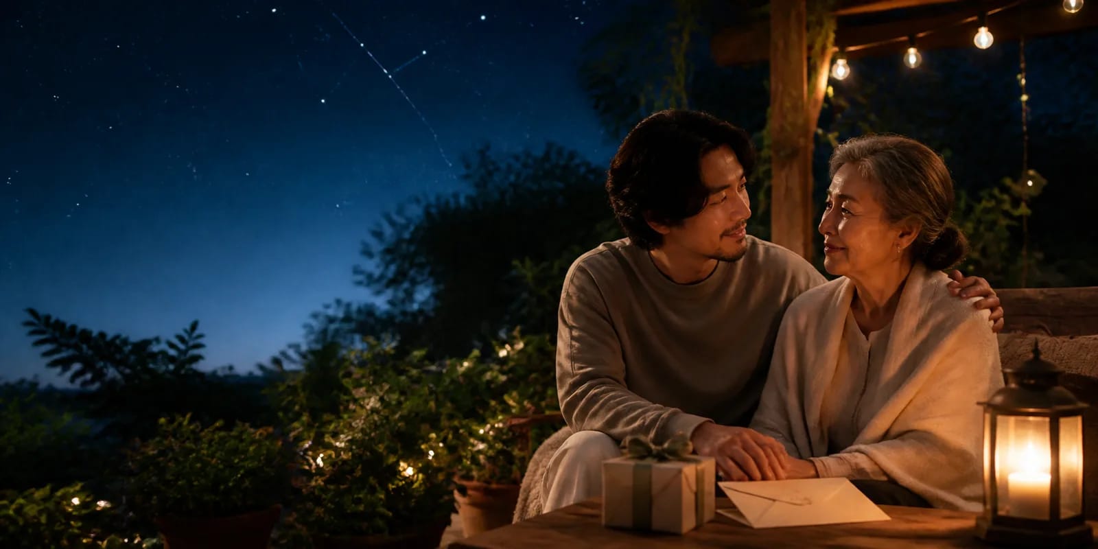 A parent and adult child sharing a quiet twilight moment beside a small gift beneath the stars