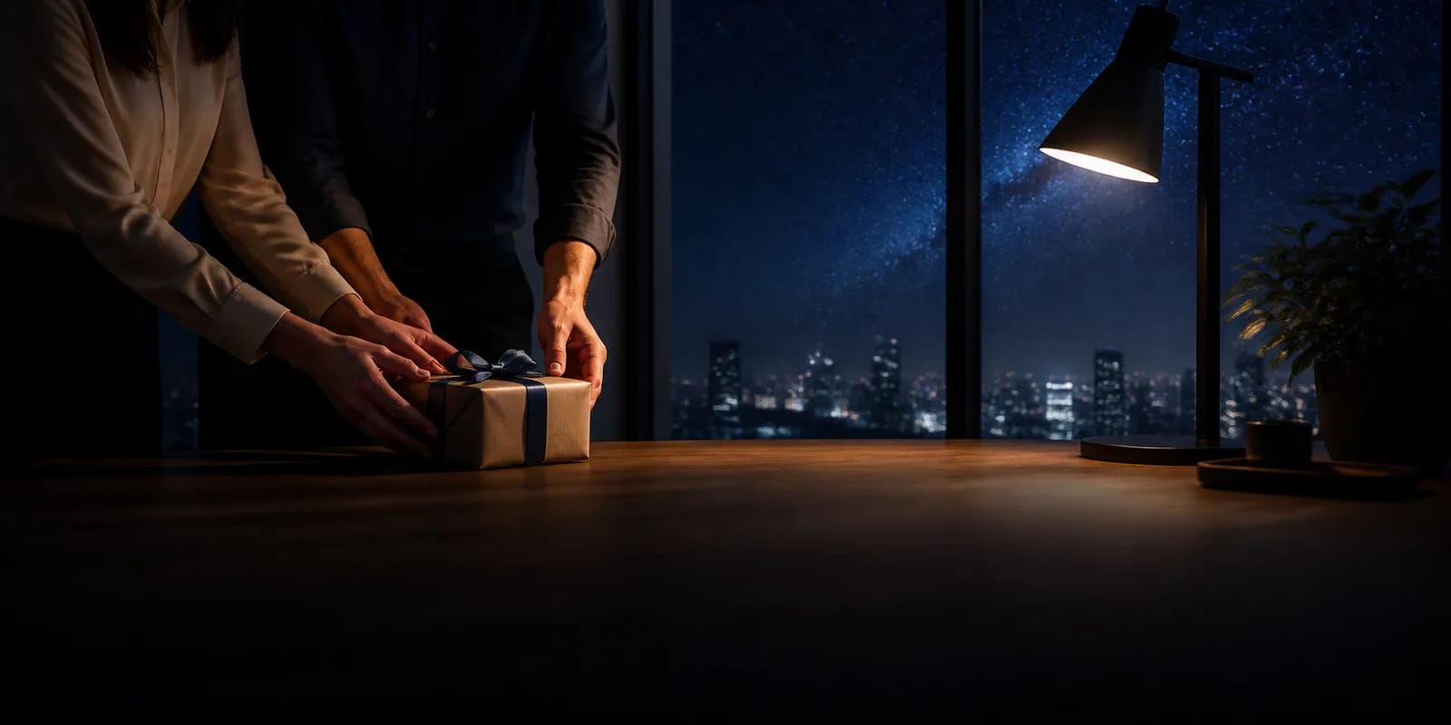 Colleagues placing a thoughtful gift on an office desk beneath a starry city night