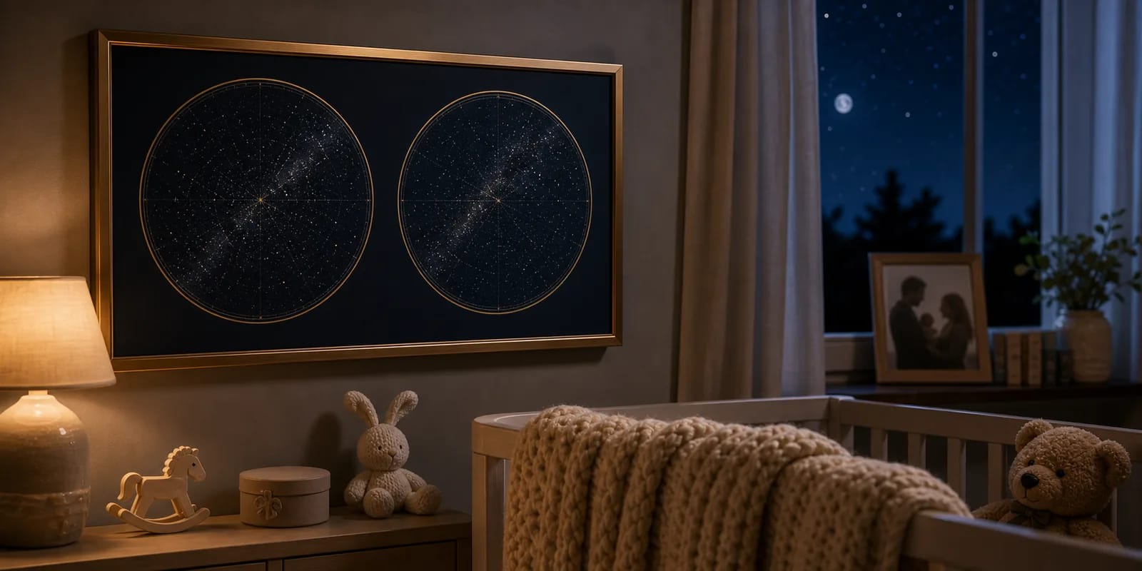 Sternenkarte-Duo-Poster, das den Himmel einer Kennenlern-Nacht und den einer Geburt vereint, aufgehängt in einem Kinderzimmer