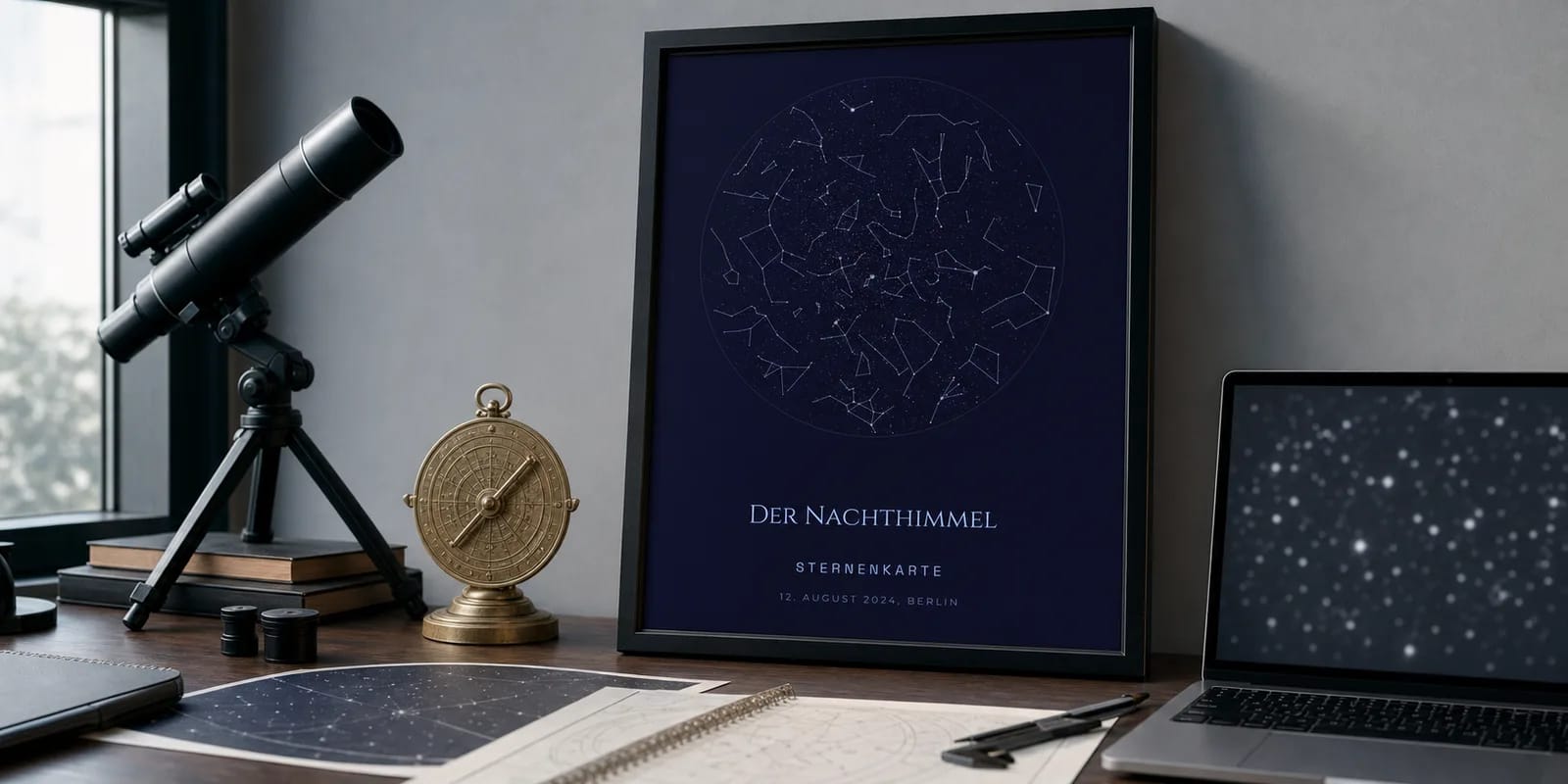 Eine Sternenkarte neben einem astronomischen Teleskop