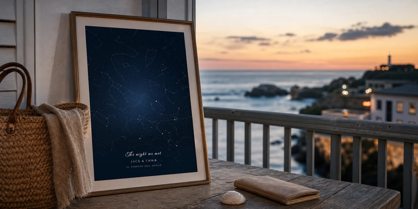 Eine personalisierte Sternenkarte von Biarritz mit dem Rocher de la Vierge im Hintergrund