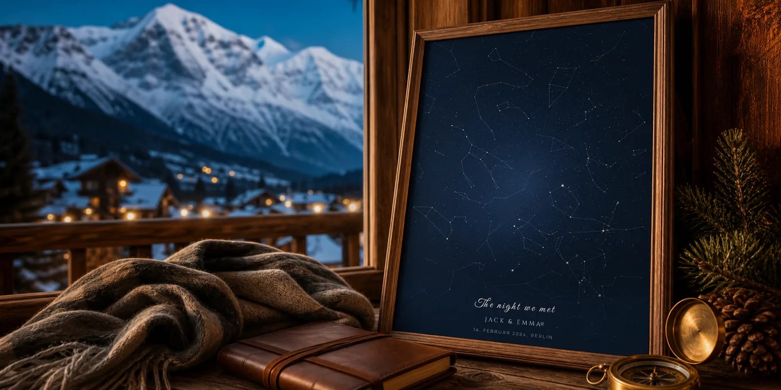 Eine personalisierte Sternenkarte von Chamonix mit dem Mont Blanc im Hintergrund
