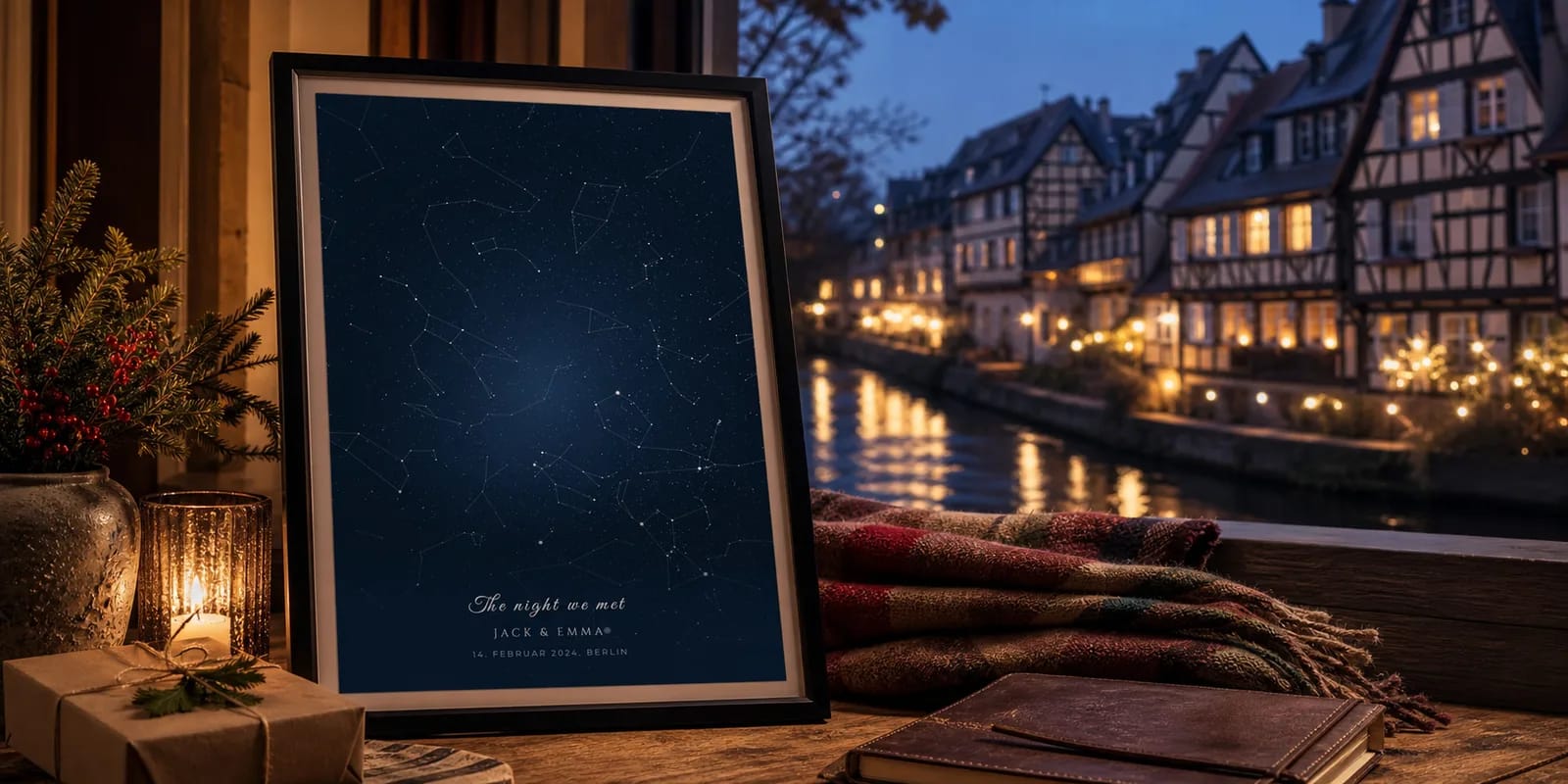Eine personalisierte Sternenkarte von Colmar mit Fachwerkhaeusern im Hintergrund