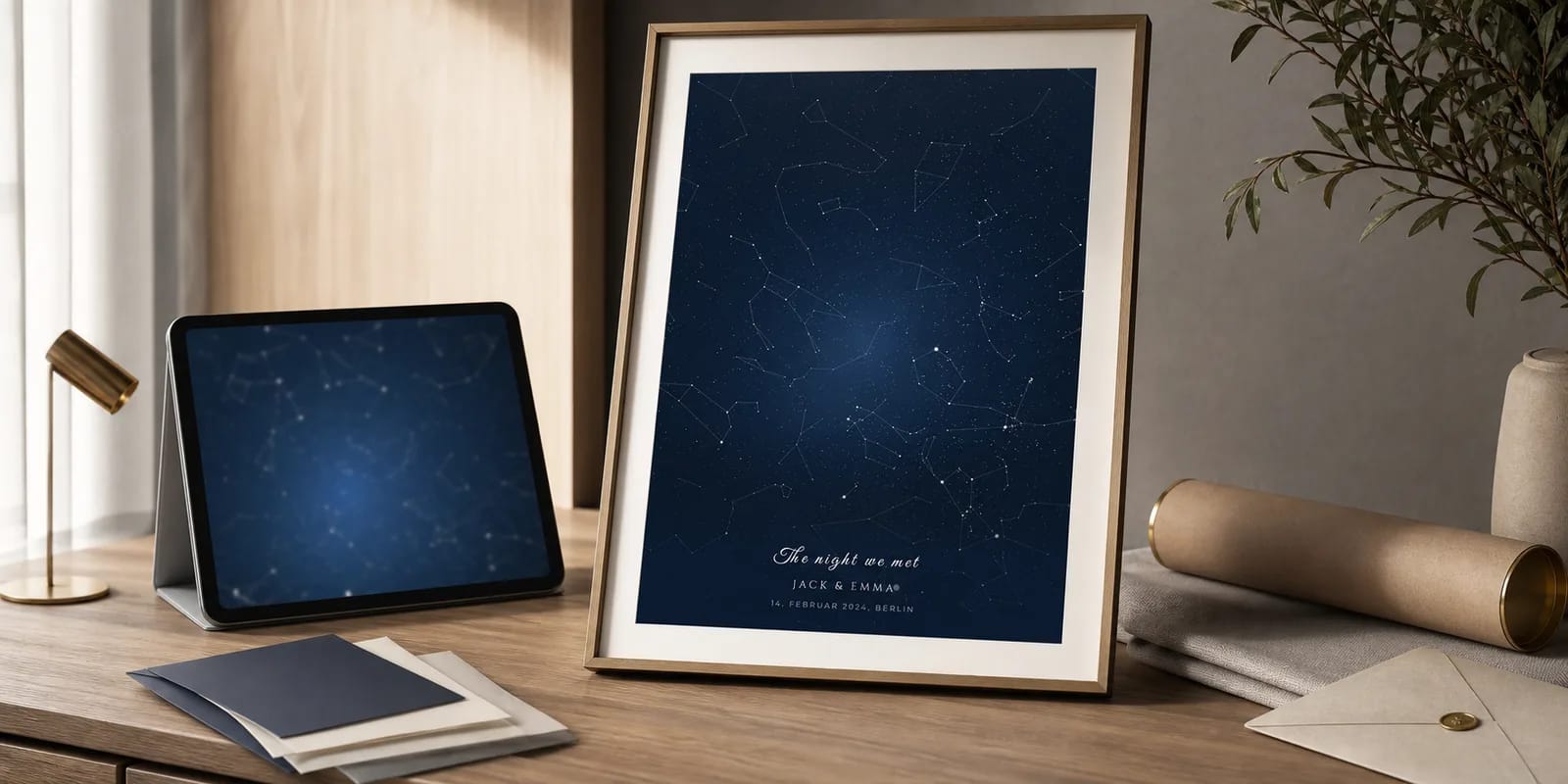 Eine digitale Sternenkarte auf einem Tablet-Bildschirm neben einer gerahmten gedruckten Sternenkarte