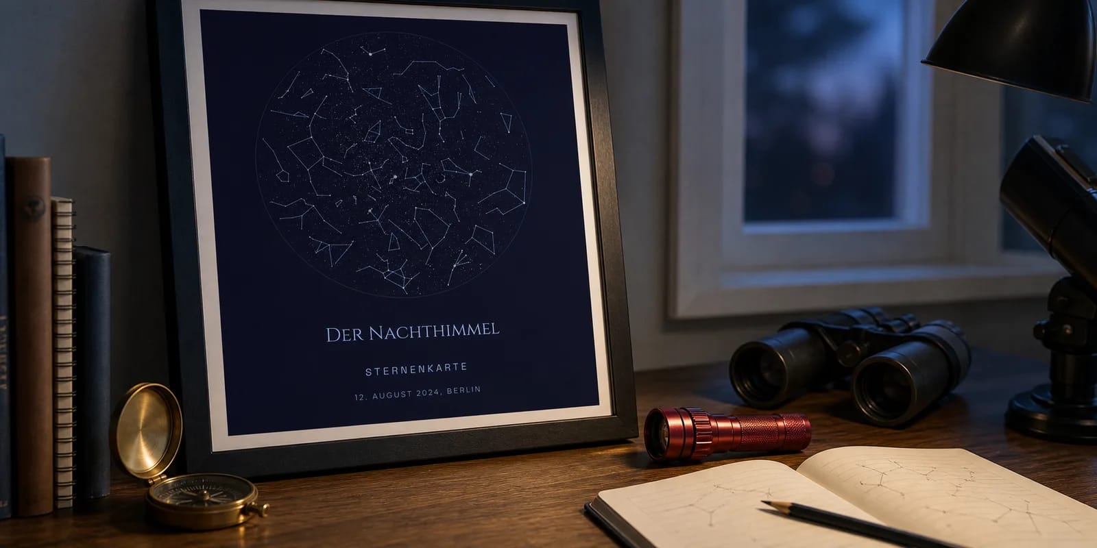 Person betrachtet eine gedruckte Sternenkarte unter dem Nachthimmel
