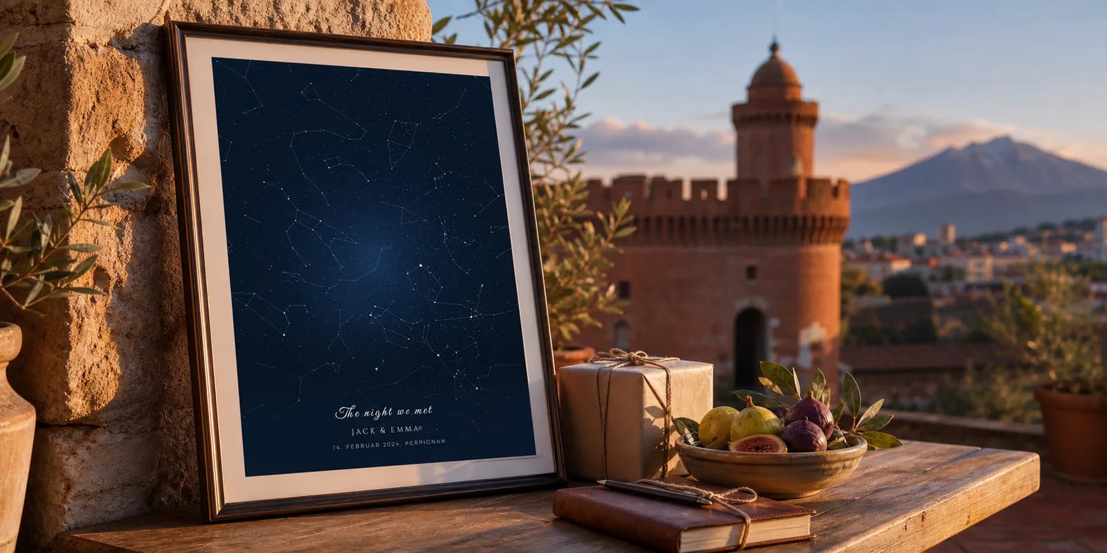 Eine personalisierte Sternenkarte von Perpignan mit dem Castillet im Hintergrund