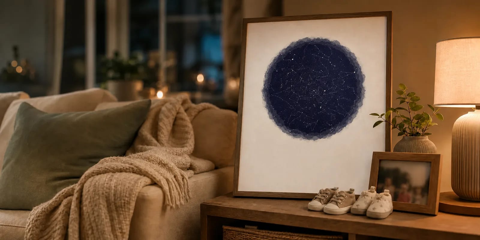 A framed star map beside two pairs of children's shoes in a warm family living room