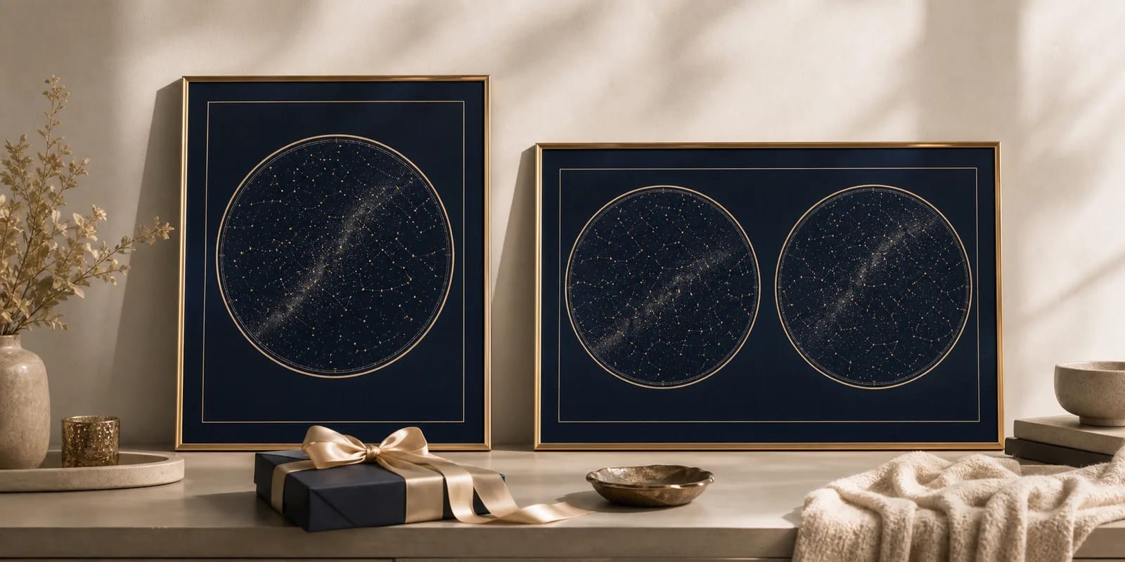 Duo star map poster bringing two birth skies together side by side on a single print