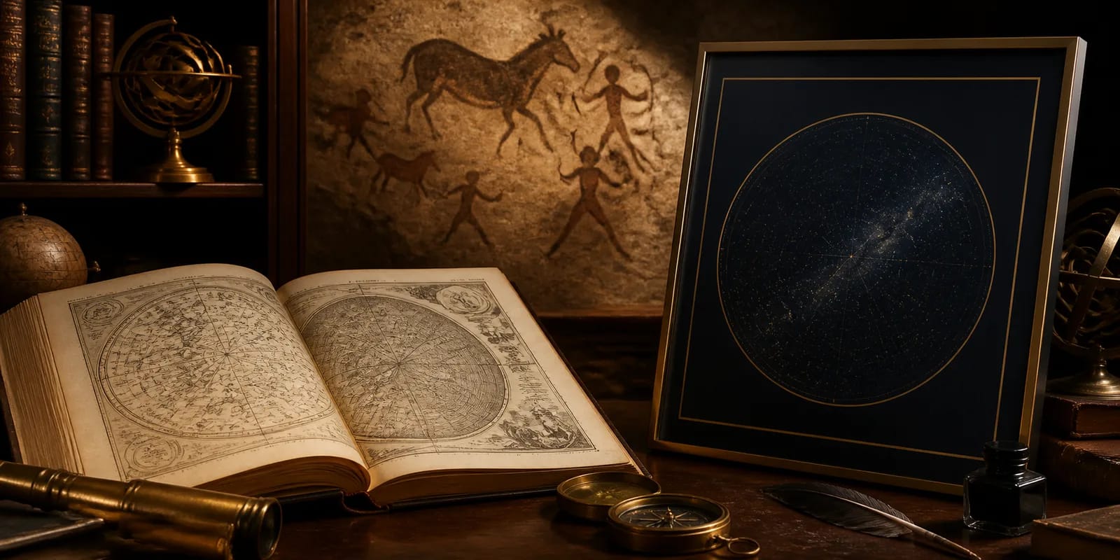 An antique celestial atlas open on a library desk with modern star map beside it