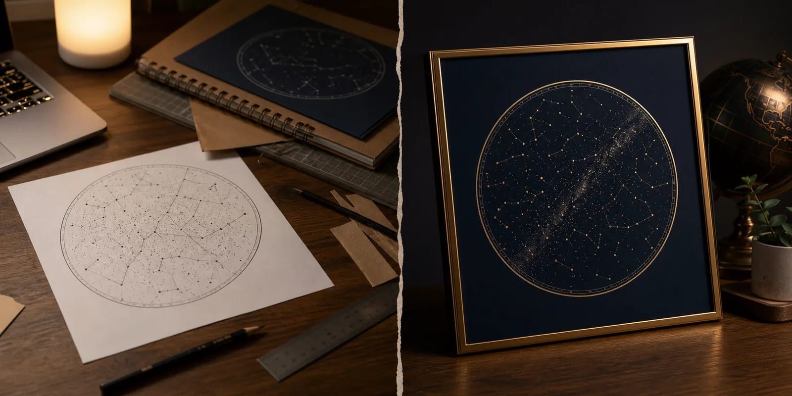A comparison between a DIY star map printout and a professional framed star map