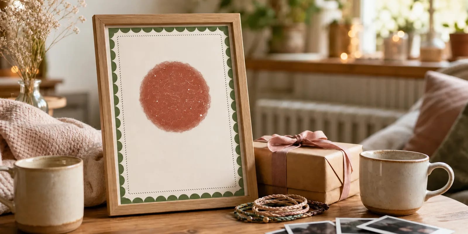 A framed star map beside two mugs, friendship bracelets, photos and a wrapped gift