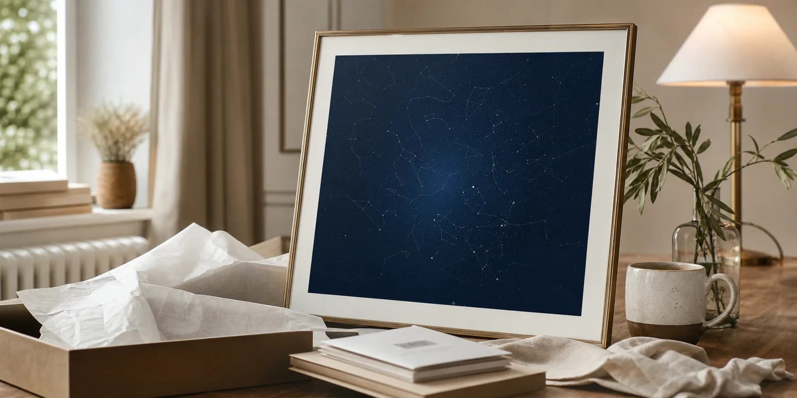 Mapa estelar enmarcado junto a una caja de regalo recién abierta