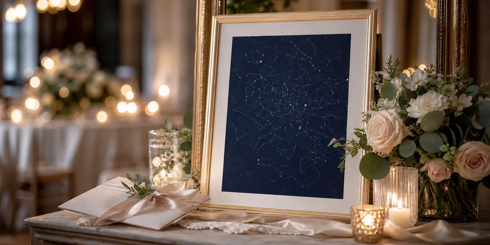 Mapa estelar enmarcado entre flores, velas y una invitación de boda